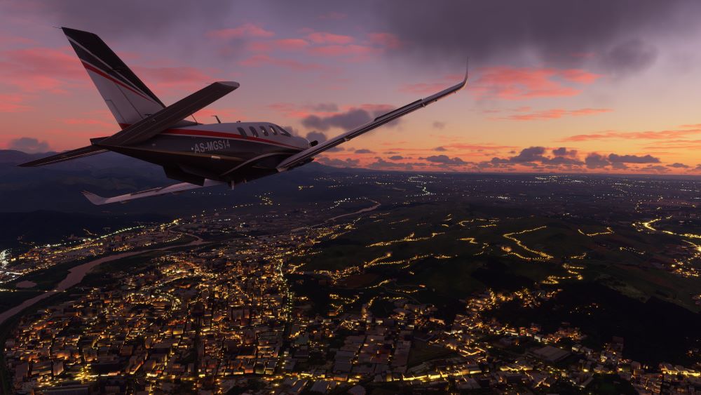 Un paesaggio cittadino serale in Microsoft Flight Simulator